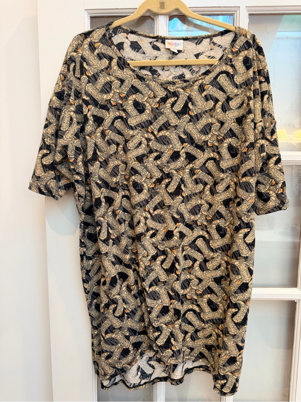 LuLaRoe Irma Oversized Tunic Black Gold Western Cowboy Cowgirl Boots Size XL